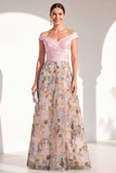 Off the Shoulder Green Floral Ruched Long Mother of the Bride Dress