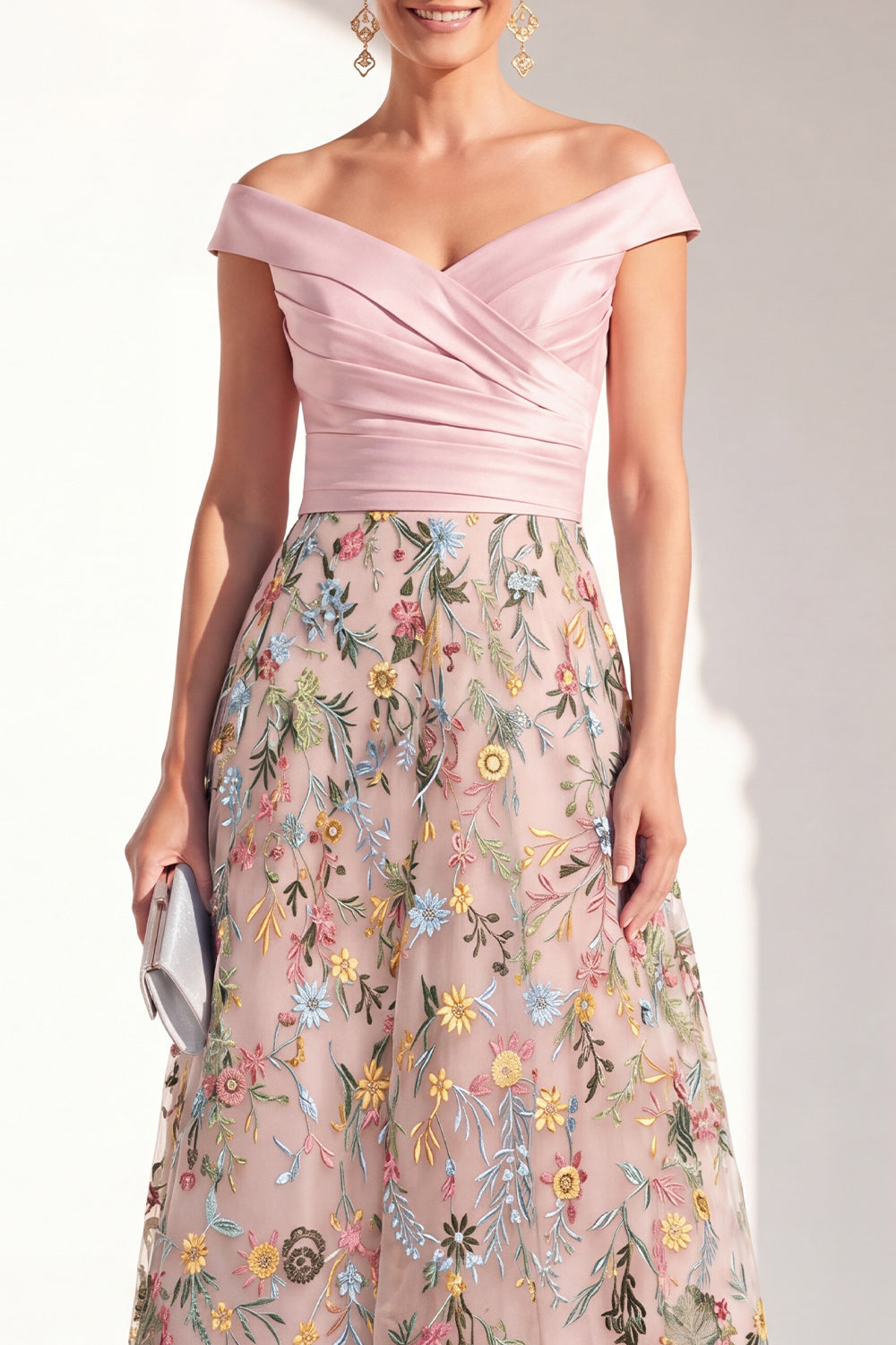 Off the Shoulder Green Floral Ruched Long Mother of the Bride Dress