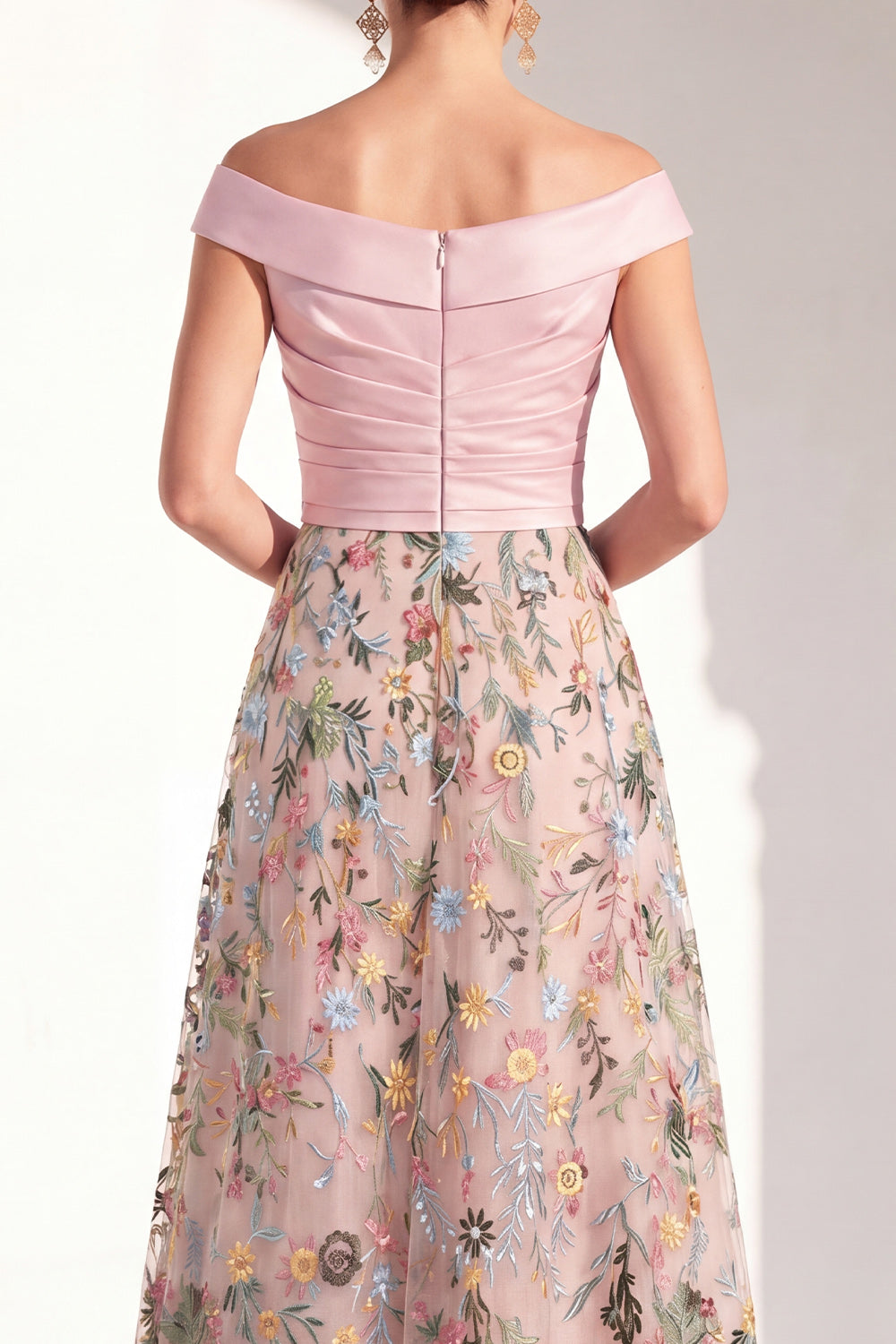 Off the Shoulder Green Floral Ruched Long Mother of the Bride Dress