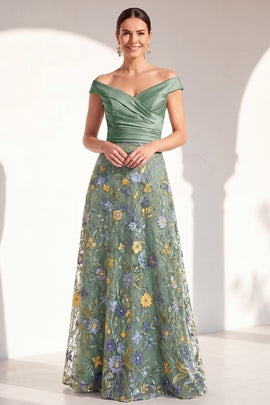 Zapakasa Women Green Long Floral Mother of the Bride Dress Ruched Off the  Shoulder Wedding Guest Dress