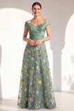 Off the Shoulder Green Floral Ruched Long Mother of the Bride Dress
