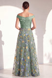 Off the Shoulder Green Floral Ruched Long Mother of the Bride Dress