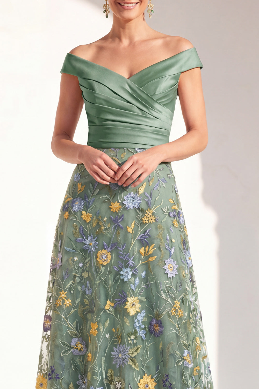 Off the Shoulder Green Floral Ruched Long Mother of the Bride Dress