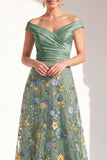 Off the Shoulder Green Floral Ruched Long Mother of the Bride Dress