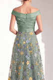 Off the Shoulder Green Floral Ruched Long Mother of the Bride Dress