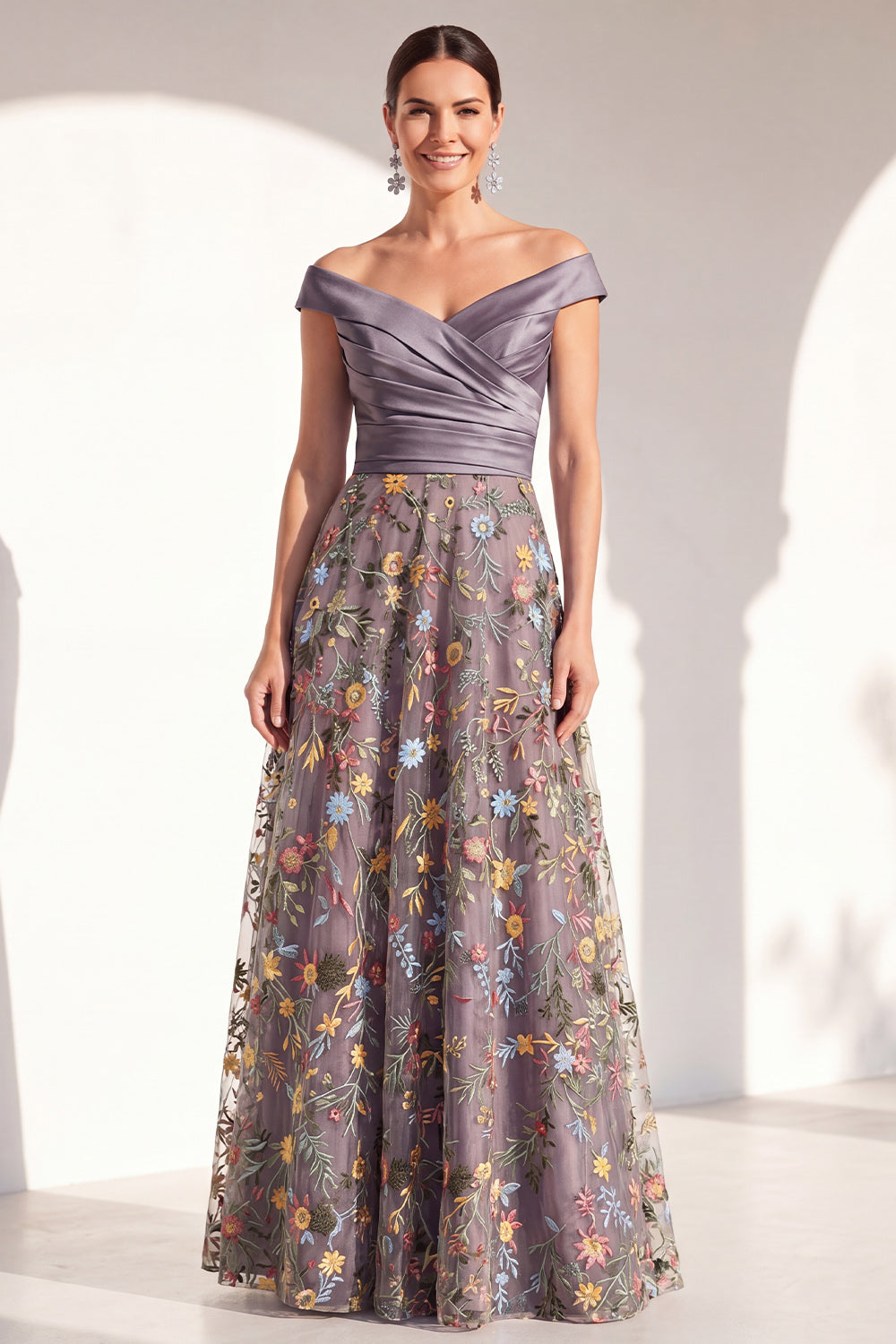 Off the Shoulder Green Floral Ruched Long Mother of the Bride Dress