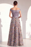 Off the Shoulder Green Floral Ruched Long Mother of the Bride Dress
