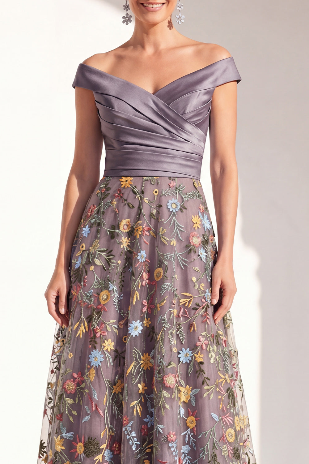 Off the Shoulder Green Floral Ruched Long Mother of the Bride Dress