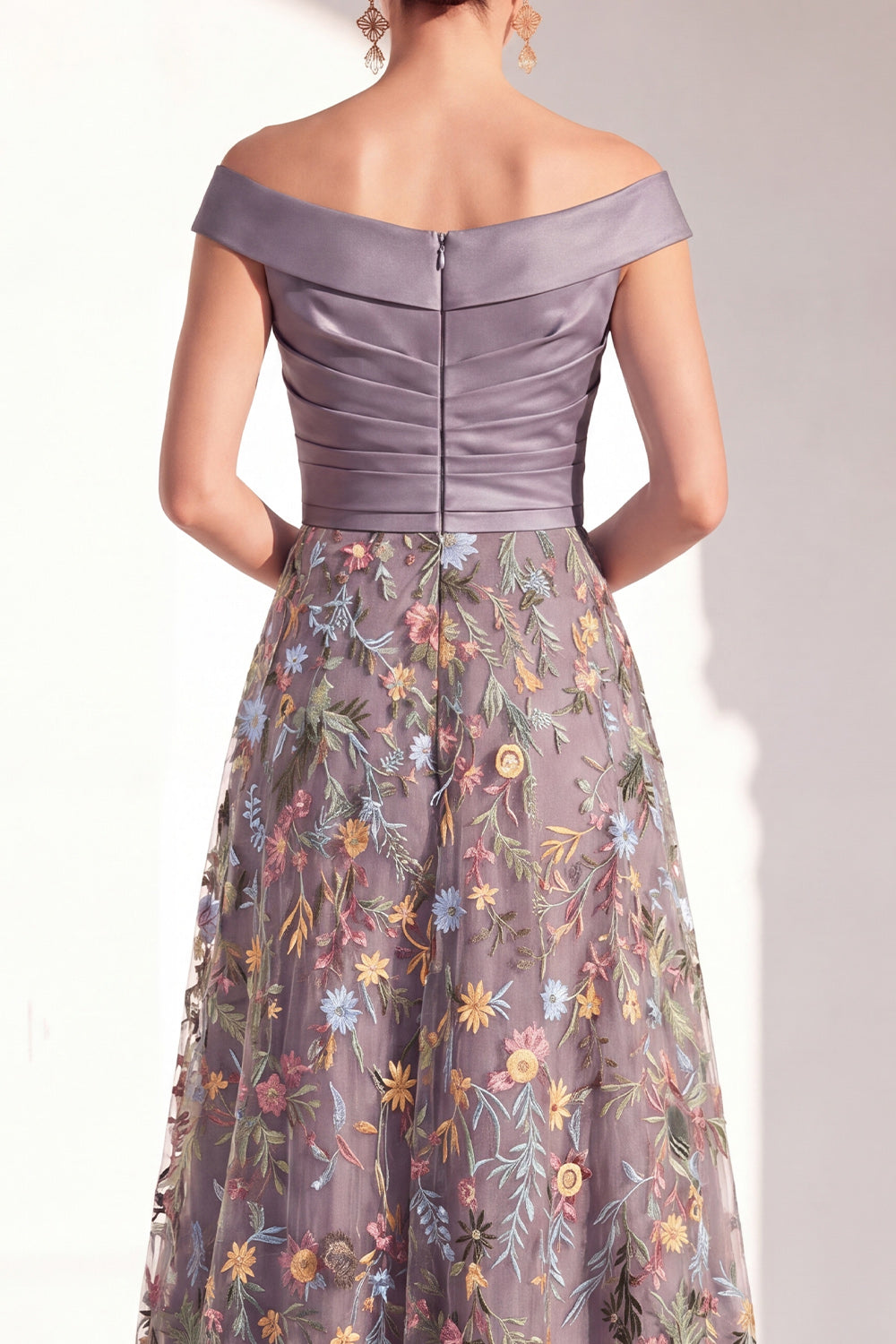 Off the Shoulder Green Floral Ruched Long Mother of the Bride Dress