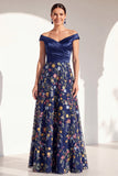 Off the Shoulder Green Floral Ruched Long Mother of the Bride Dress