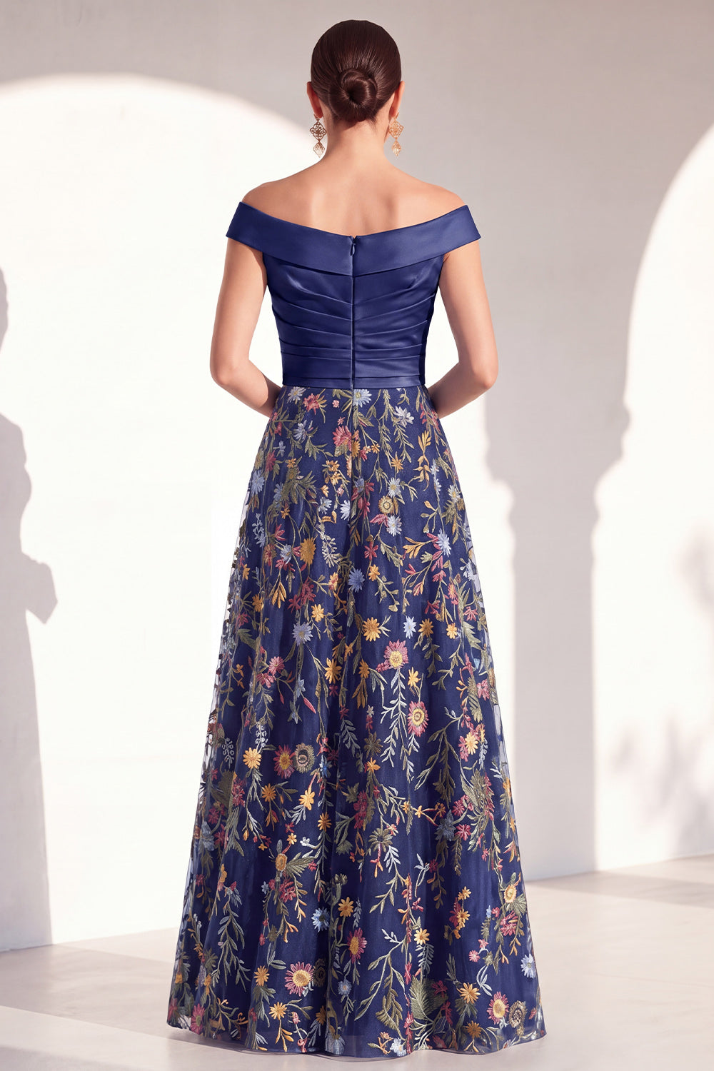 Off the Shoulder Green Floral Ruched Long Mother of the Bride Dress