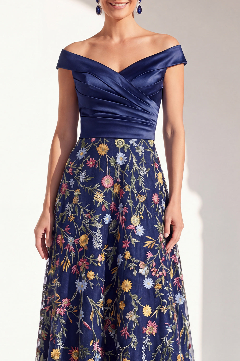 Off the Shoulder Green Floral Ruched Long Mother of the Bride Dress