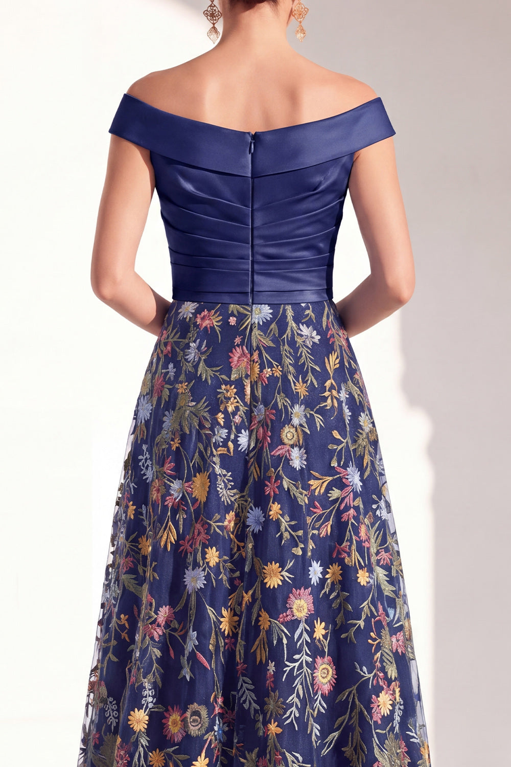 Off the Shoulder Green Floral Ruched Long Mother of the Bride Dress