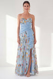 Blue Floral Strapless Long A Line Mother of the Bride Dress with Slit
