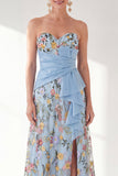 Blue Floral Strapless Long A Line Mother of the Bride Dress with Slit
