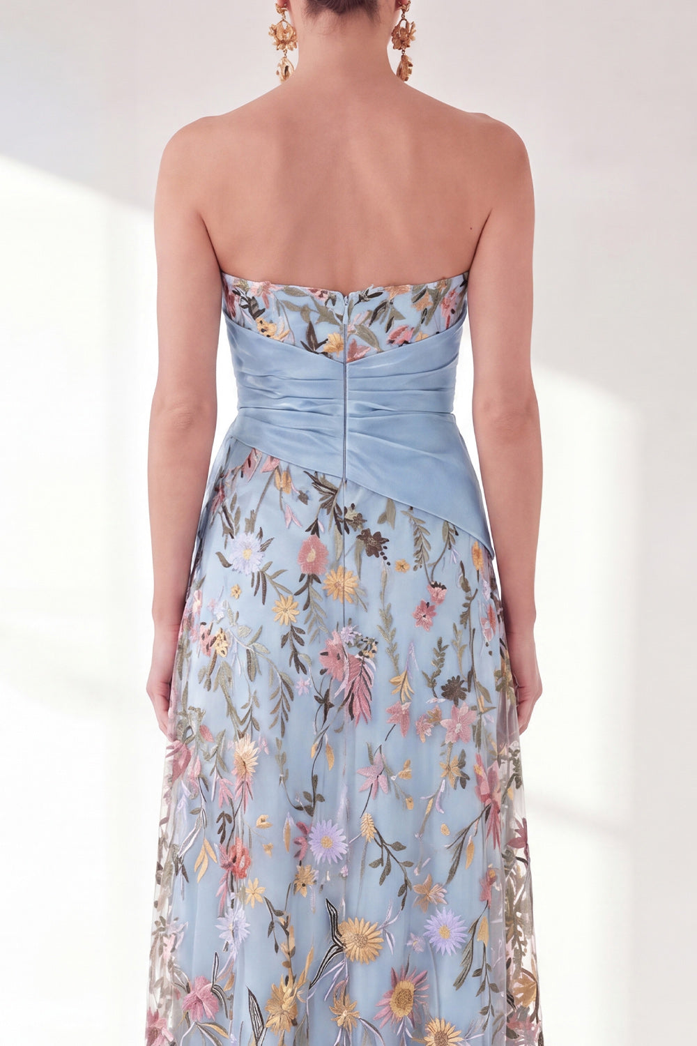 Blue Floral Strapless Long A Line Mother of the Bride Dress with Slit