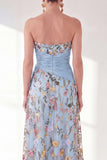 Blue Floral Strapless Long A Line Mother of the Bride Dress with Slit