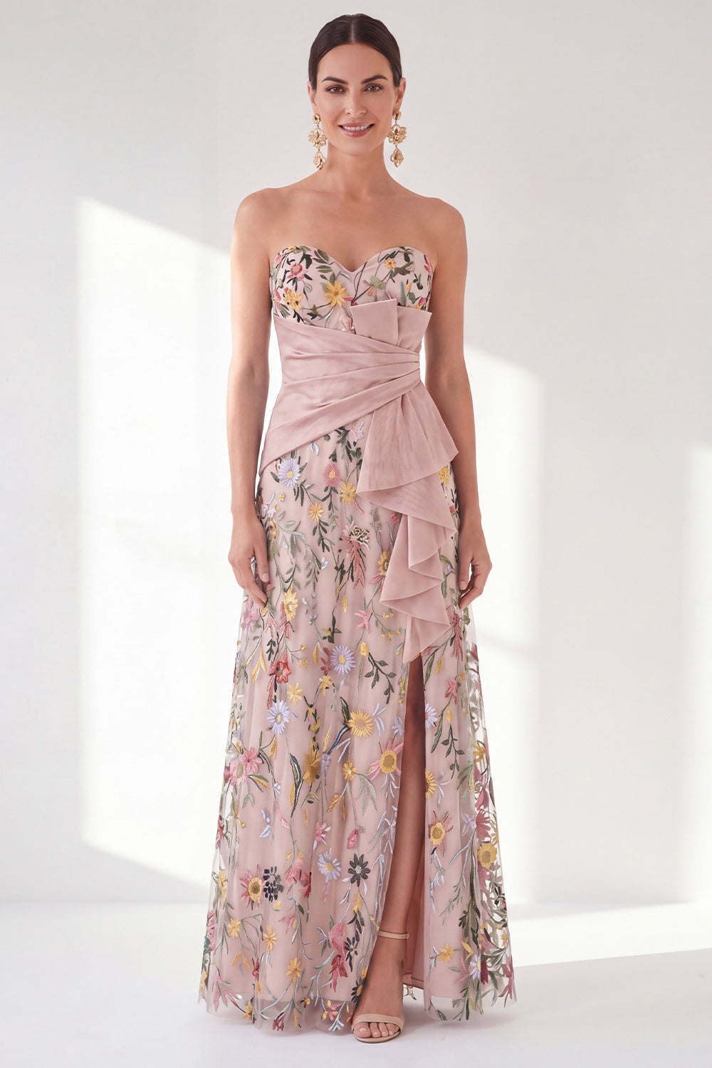 Blue Floral Strapless Long A Line Mother of the Bride Dress with Slit