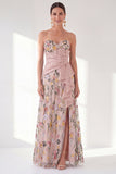 Blue Floral Strapless Long A Line Mother of the Bride Dress with Slit
