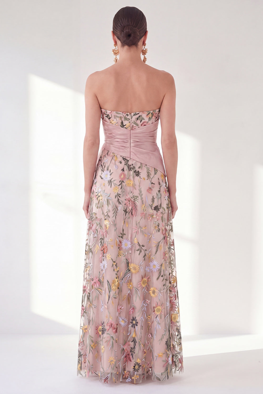 Blue Floral Strapless Long A Line Mother of the Bride Dress with Slit