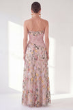 Blue Floral Strapless Long A Line Mother of the Bride Dress with Slit
