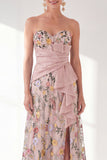 Blue Floral Strapless Long A Line Mother of the Bride Dress with Slit