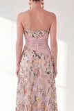 Blue Floral Strapless Long A Line Mother of the Bride Dress with Slit