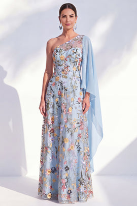 One Shoulder Blue Floral Long A Line Mother of the Bride Dress with Side Cape