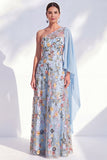One Shoulder Blue Floral Long A Line Mother of the Bride Dress with Side Cape