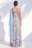 One Shoulder Blue Floral Long A Line Mother of the Bride Dress with Side Cape