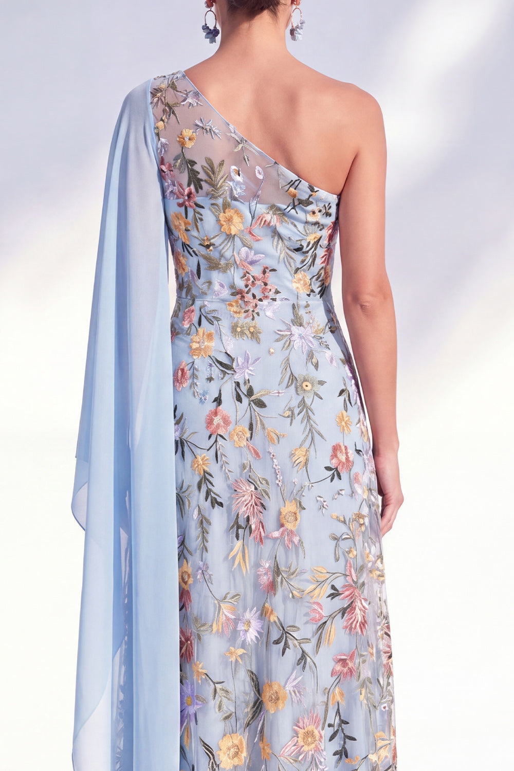 One Shoulder Blue Floral Long A Line Mother of the Bride Dress with Side Cape