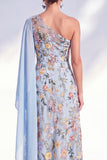 One Shoulder Blue Floral Long A Line Mother of the Bride Dress with Side Cape