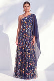 One Shoulder Blue Floral Long A Line Mother of the Bride Dress with Side Cape