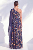 One Shoulder Blue Floral Long A Line Mother of the Bride Dress with Side Cape