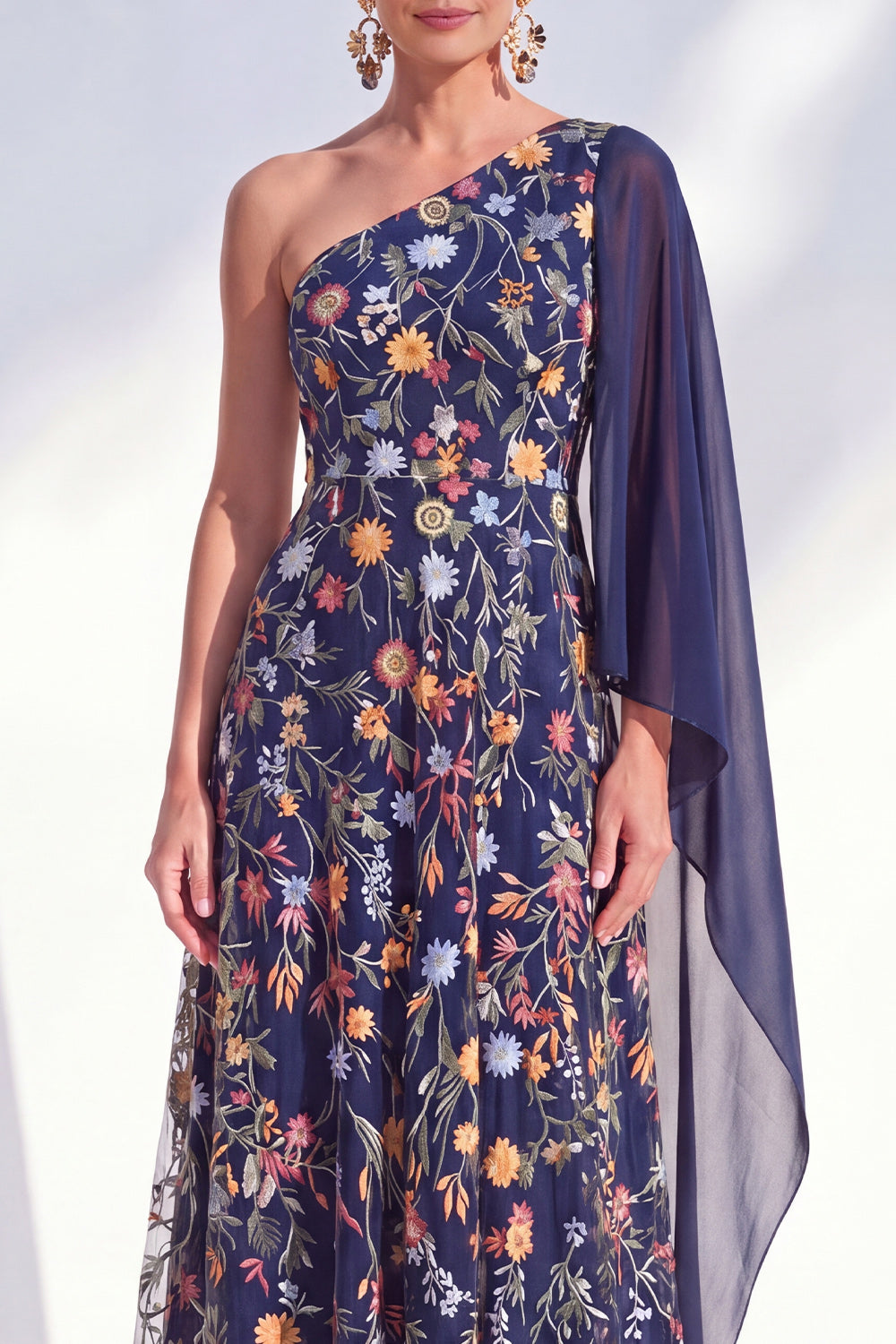 One Shoulder Blue Floral Long A Line Mother of the Bride Dress with Side Cape