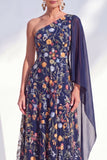 One Shoulder Blue Floral Long A Line Mother of the Bride Dress with Side Cape
