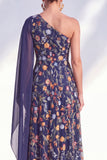 One Shoulder Blue Floral Long A Line Mother of the Bride Dress with Side Cape