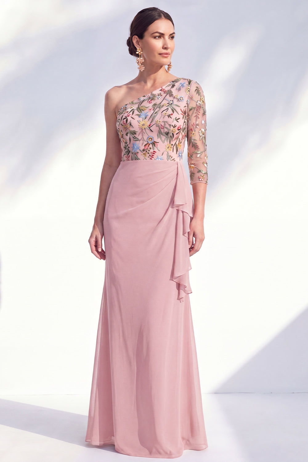 Grey Purple Ruched Mermaid Floral Long Mother of the Bride Dress with Ruffles