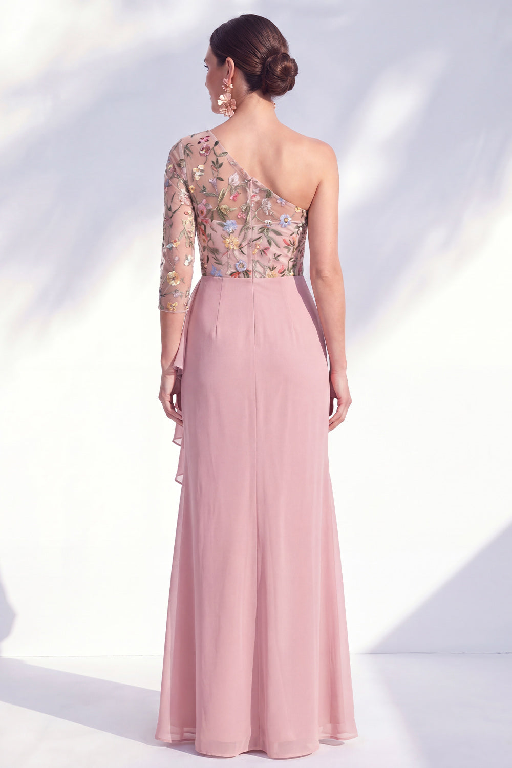 Grey Purple Ruched Mermaid Floral Long Mother of the Bride Dress with Ruffles