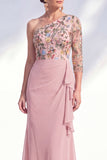 Grey Purple Ruched Mermaid Floral Long Mother of the Bride Dress with Ruffles