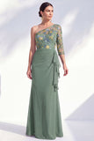 Grey Purple Ruched Mermaid Floral Long Mother of the Bride Dress with Ruffles