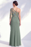 Grey Purple Ruched Mermaid Floral Long Mother of the Bride Dress with Ruffles