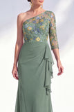 Grey Purple Ruched Mermaid Floral Long Mother of the Bride Dress with Ruffles
