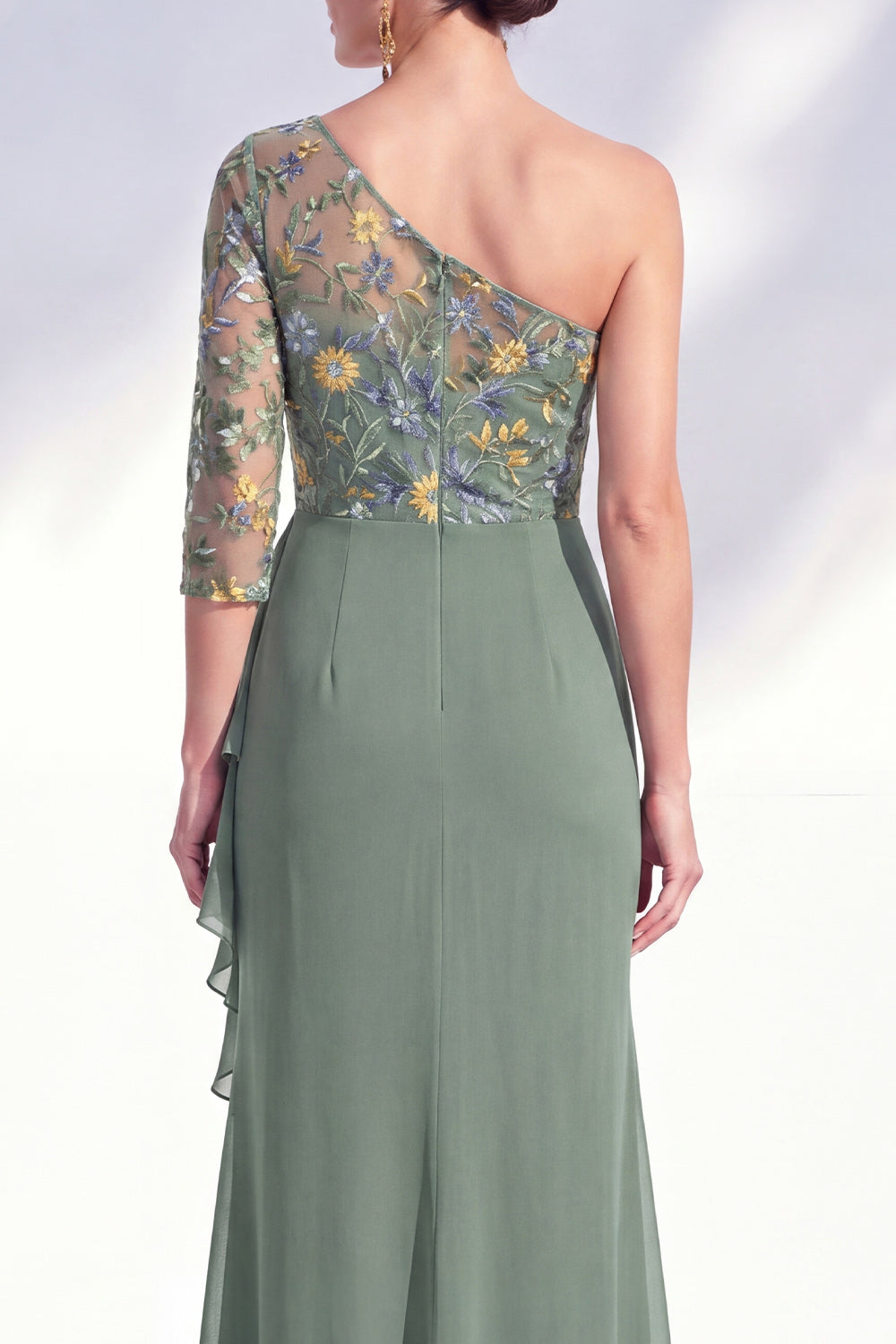 Grey Purple Ruched Mermaid Floral Long Mother of the Bride Dress with Ruffles