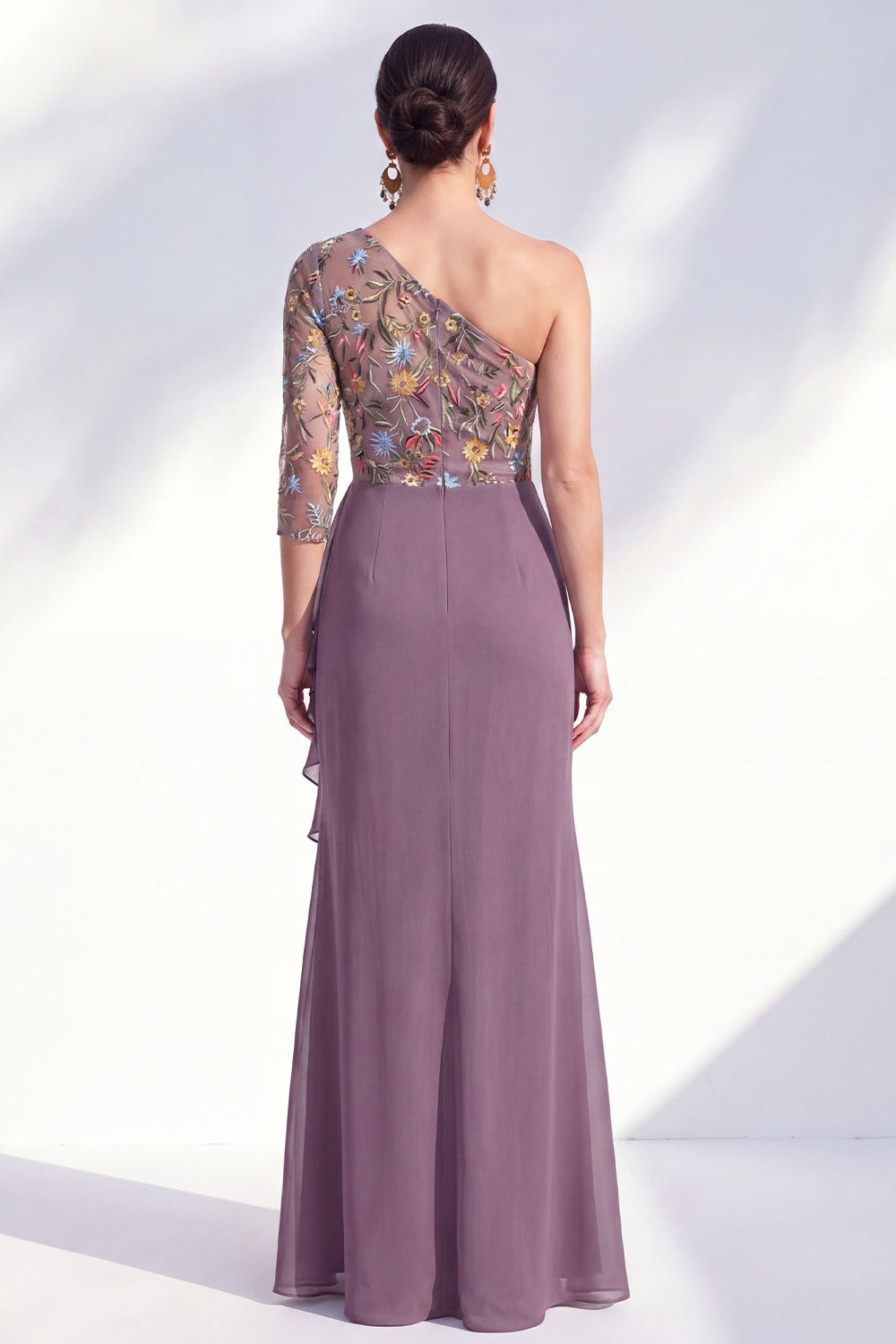 Grey Purple Ruched Mermaid Floral Long Mother of the Bride Dress with Ruffles
