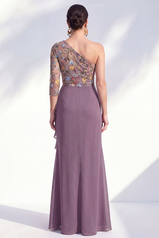 Grey Purple Ruched Mermaid Floral Long Mother of the Bride Dress with Ruffles