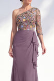 Grey Purple Ruched Mermaid Floral Long Mother of the Bride Dress with Ruffles