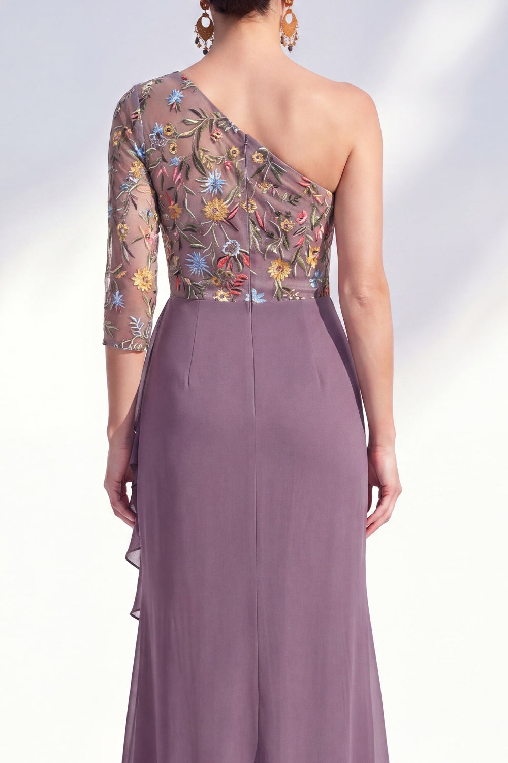 Grey Purple Ruched Mermaid Floral Long Mother of the Bride Dress with Ruffles