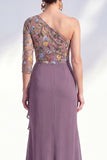 Grey Purple Ruched Mermaid Floral Long Mother of the Bride Dress with Ruffles