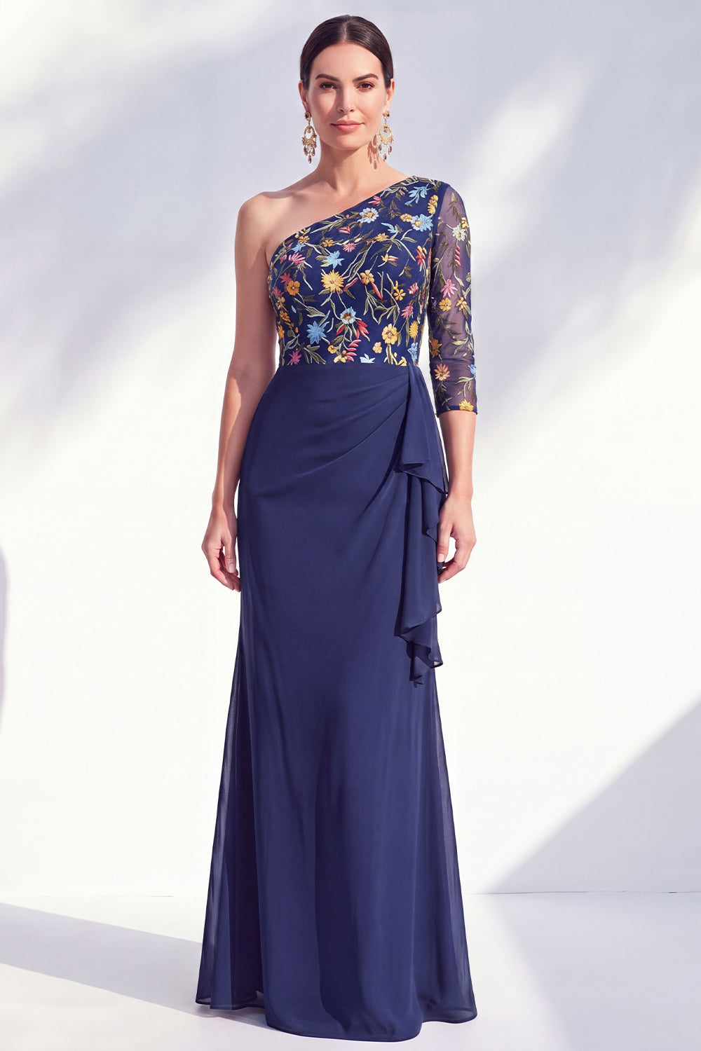 Grey Purple Ruched Mermaid Floral Long Mother of the Bride Dress with Ruffles